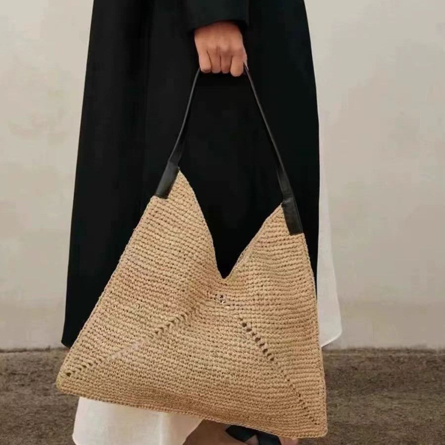 French Raffia Triangle Shoulder Bag  Large Capacity Straw Beach Tote Secondary image