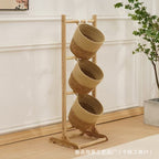 Wooden Tiered Rattan Storage Basket Stand  Handwoven Floor Organizer Rack for Living Room & Entryway