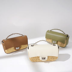 Mini Leather Straw Crossbody Bag  Colorblock Woven Chain Shoulder Bag for Spring Summer