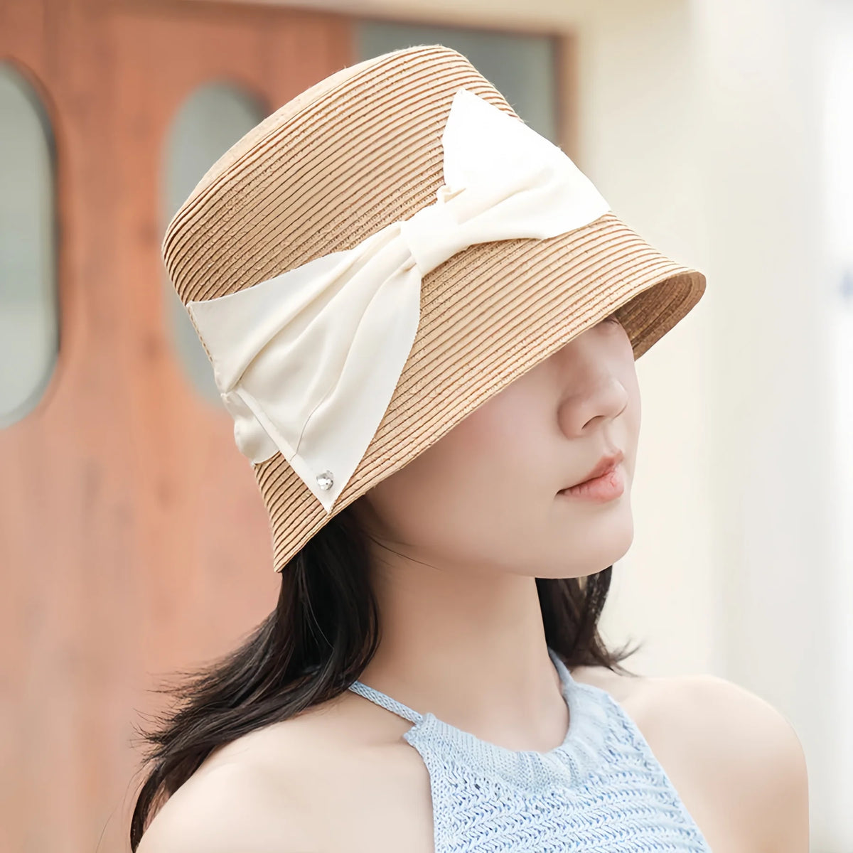 French Vintage Short Brim Straw Bucket Hat for Women, Summer Plant Fiber Sun Hat with Bow, 5658cm
