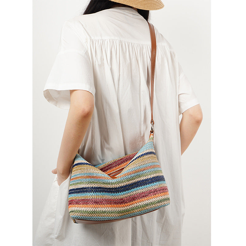 Rainbow Leather & Straw Shoulder Bag  Small and Large Woven Hobo with Zipper, PP Straw and Split Cowhide Crossbody
