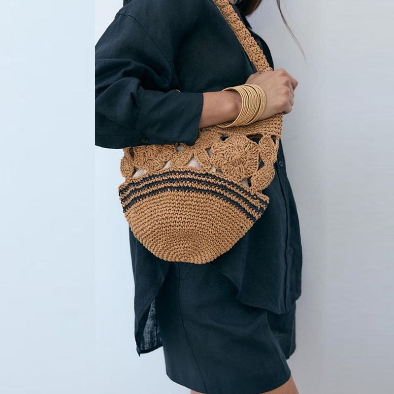 Hollow Floral Straw Shoulder Bag  Handcrafted Paper Woven Bucket Tote with Drawstring, Medium Summer Daily & Beach Bag