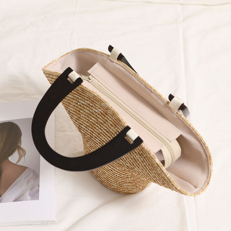 Wood Handle Straw Barrel Bag  Hat-Shape Woven Shoulder Handbag for Vacation Beach & Everyday Outfits
