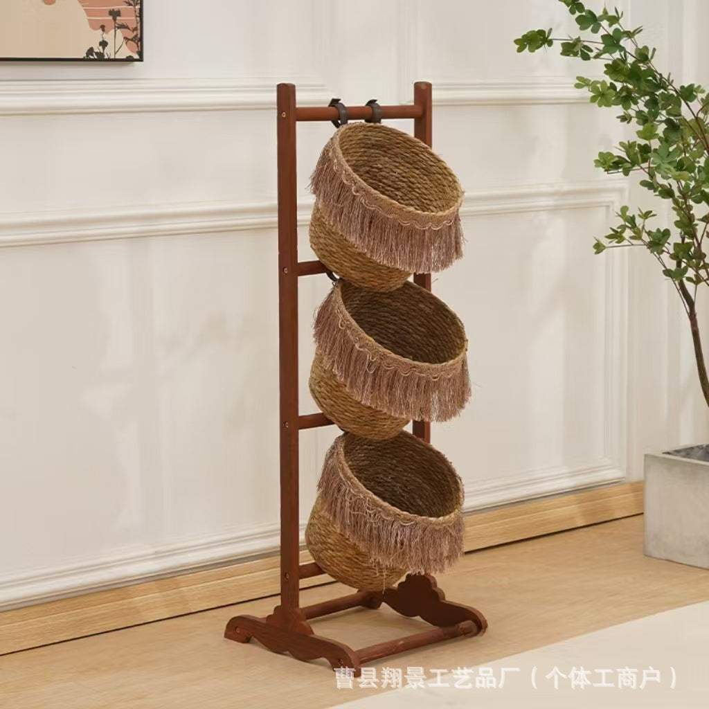 Wooden Tiered Rattan Storage Basket Stand  Handwoven Floor Organizer Rack for Living Room & Entryway