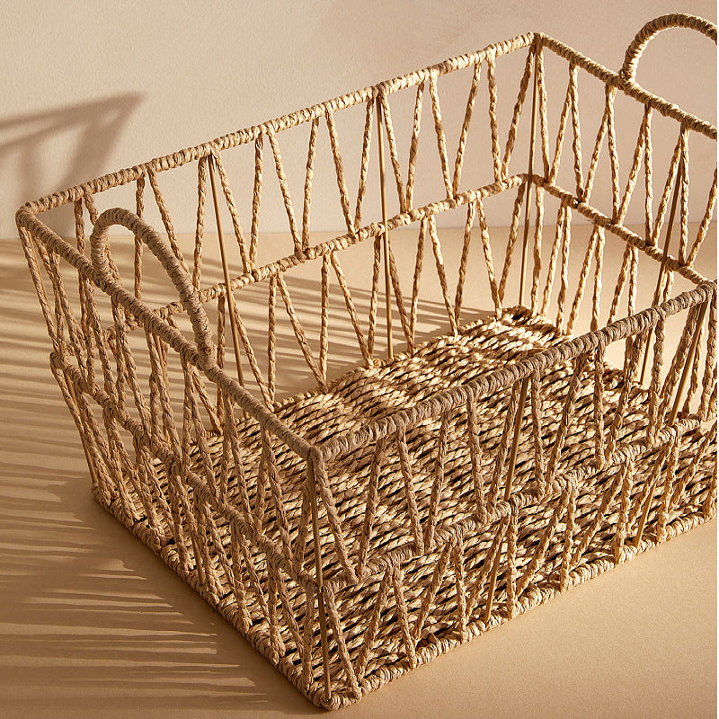 Handwoven Paper Rope Storage Basket with Handles  Breathable Hollow Design Organizer for Towels, Clothes, Toys & Daily Essentials