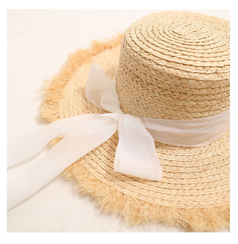 Raffia Straw Flat Top Sun Hat with Ribbon  Wide Brim Beach Vacation Hat for Women