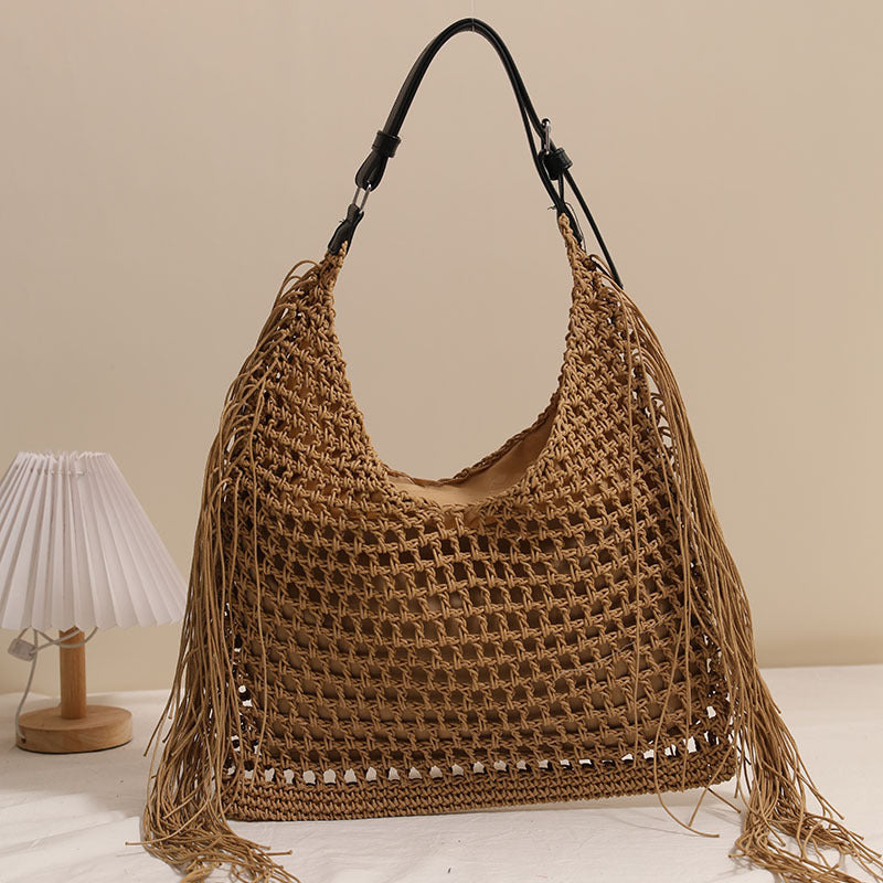 Fashionable Tassel Shoulder Raffia Bag  Large Capacity Hollow Weave Tote for Beach, Vacation & Everyday Use