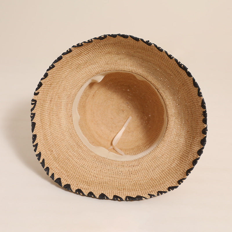 Raffia Straw Wide Brim Sun Hat for Women  Black Trim Beach Holiday Bucket Hat, 5860 cm