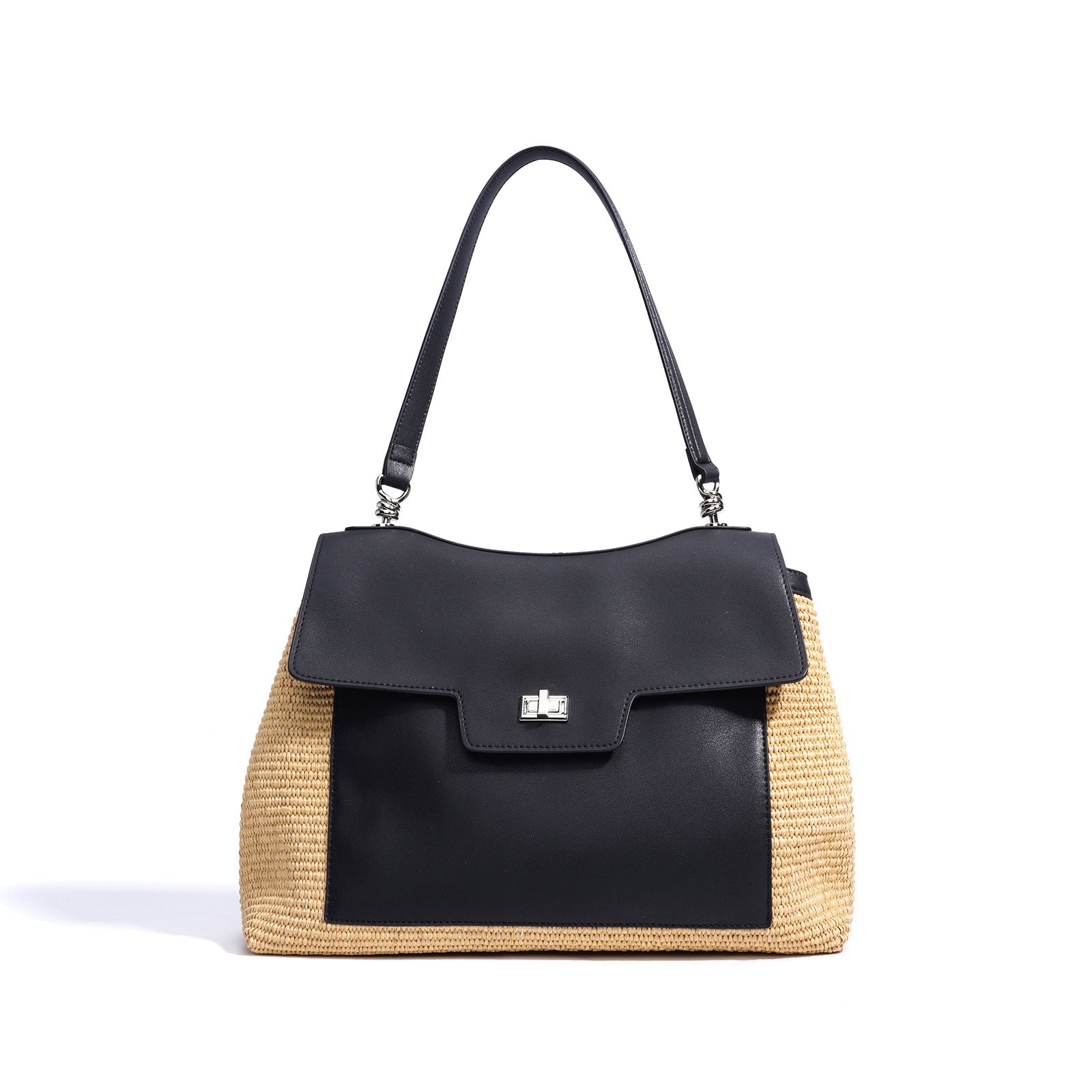 Leather Raffia Straw Tote Bag  Large Woven Shoulder & Crossbody Handbag with Lock Closure for Work and Casual