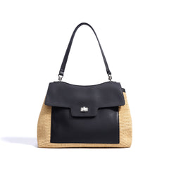 Leather Raffia Straw Tote Bag  Large Woven Shoulder & Crossbody Handbag with Lock Closure for Work and Casual