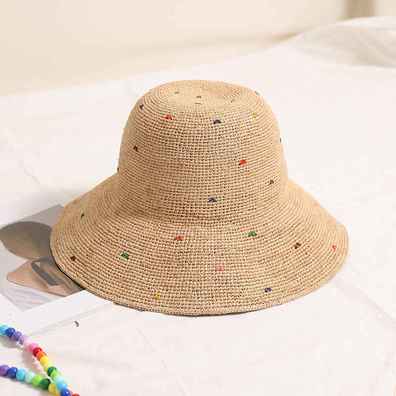 Raffia Straw Wide Brim Sun Hat  Color Dot Foldable Beach Hat for Women, Summer Vacation UPF Shade