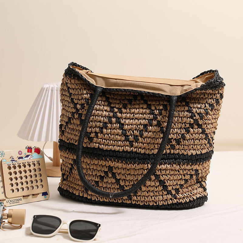 Factory direct sales retro rhombic one-shoulder straw bag, new straw bag woven bag, vacation style beach bag, fashion women's bag