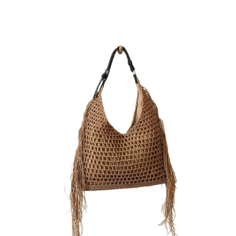 Fashionable Tassel Shoulder Raffia Bag  Large Capacity Hollow Weave Tote for Beach, Vacation & Everyday Use Main image