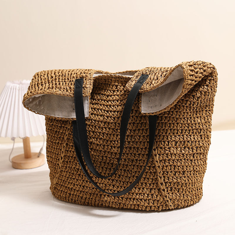 Fashionable Large Capacity Shoulder Raffia Bag  Versatile Solid Color Handheld Tote for Beach, Vacation & Everyday Use
