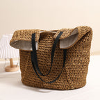 Fashionable Large Capacity Shoulder Raffia Bag  Versatile Solid Color Handheld Tote for Beach, Vacation & Everyday Use