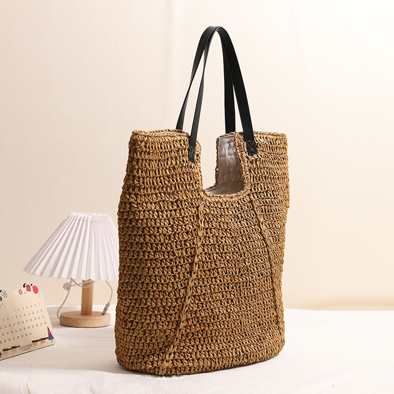 Fashionable Large Capacity Shoulder Raffia Bag  Versatile Solid Color Handheld Tote for Beach, Vacation & Everyday Use