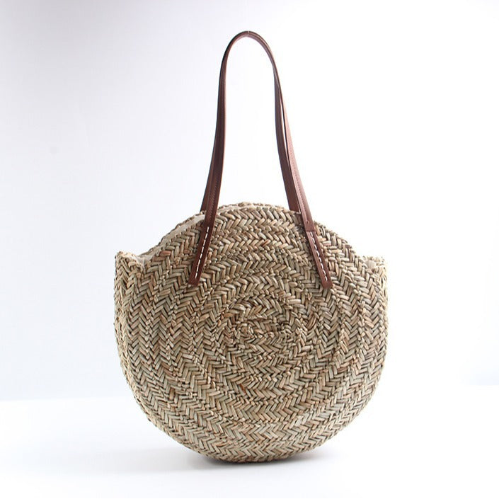 New aquatic plant round straw bag vacation beach bag single shoulder large capacity woven bag women's fashion simple rattan bag