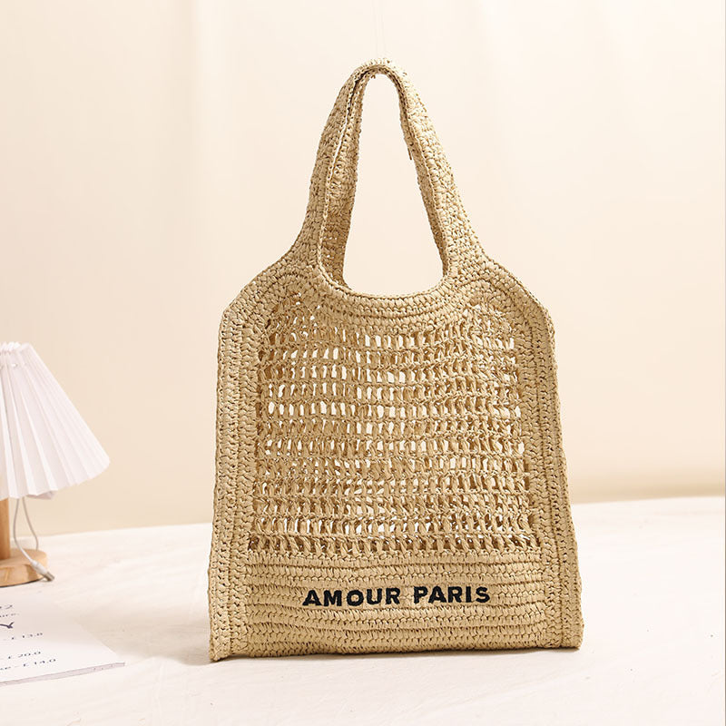 Hollow Out Straw Tote Bag Large Capacity Letter Embroidery Woven Beach Shoulder Bag