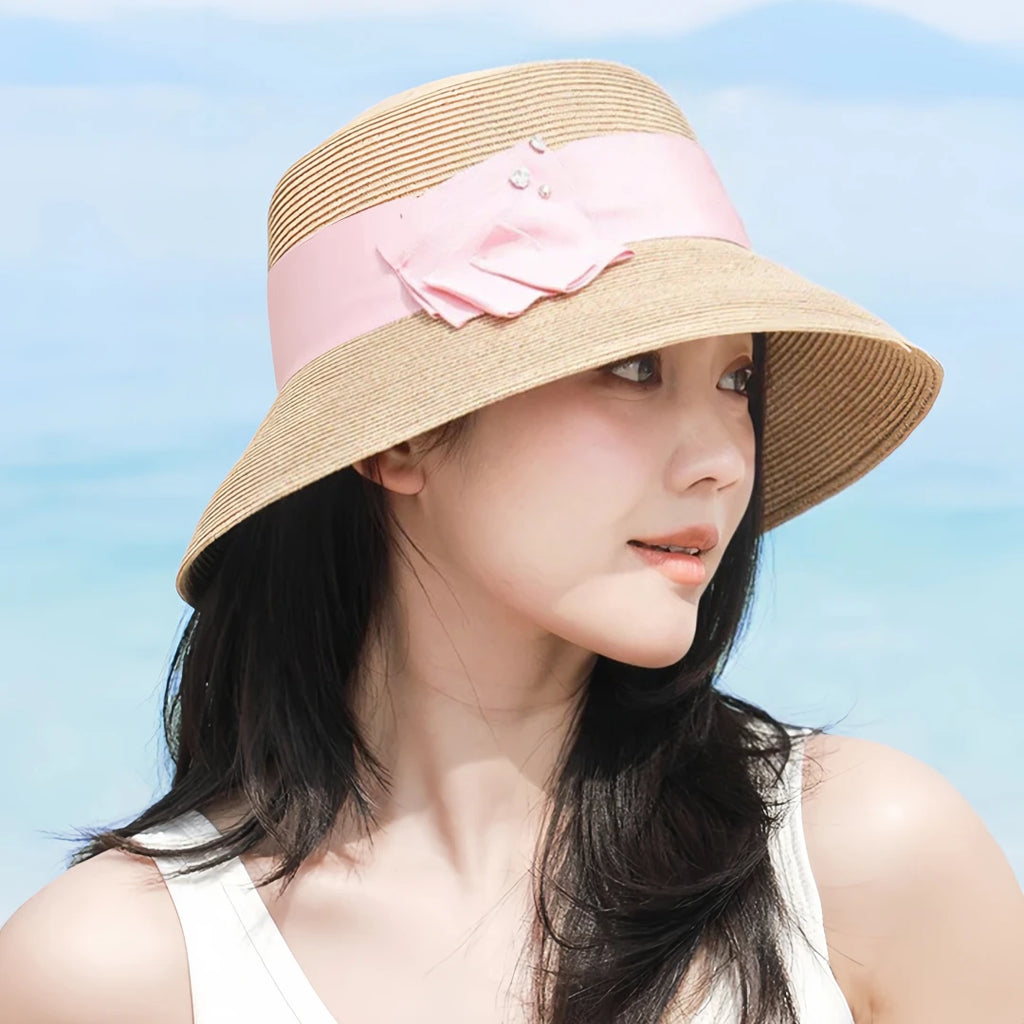 Summer Wide Brim Straw Sun Hat for Women  Woven Cellulose Bucket Hat with Bow, UV Sunshade Beach Hat