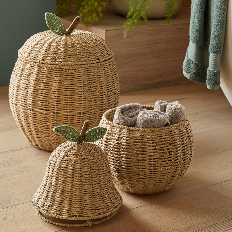 Handwoven Fruit-Shaped Storage Basket with Lid  Apple & Pear Decorative Organizer Made of Paper Rope
