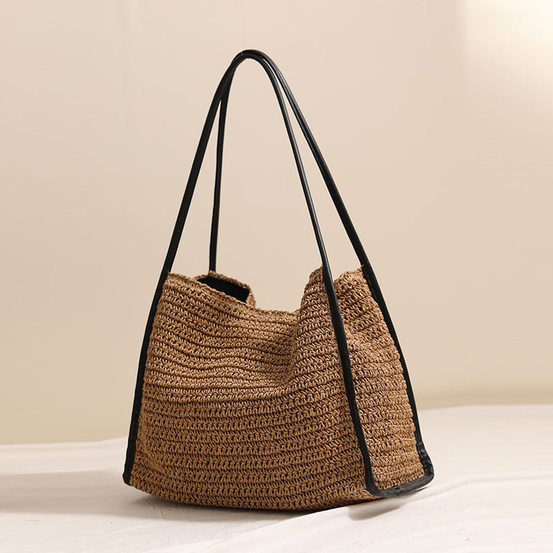 French-Style Woven Paper Shoulder Bag  Minimalist Solid Color Medium Tote for Spring Travel & Daily Outfits