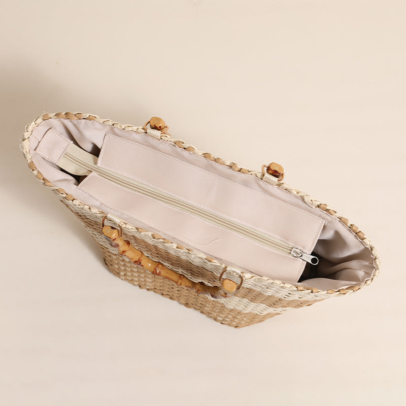 Elegant Grid Woven Top Handle Tote Bag  Bamboo Style Handle Straw-Look Beach Handbag