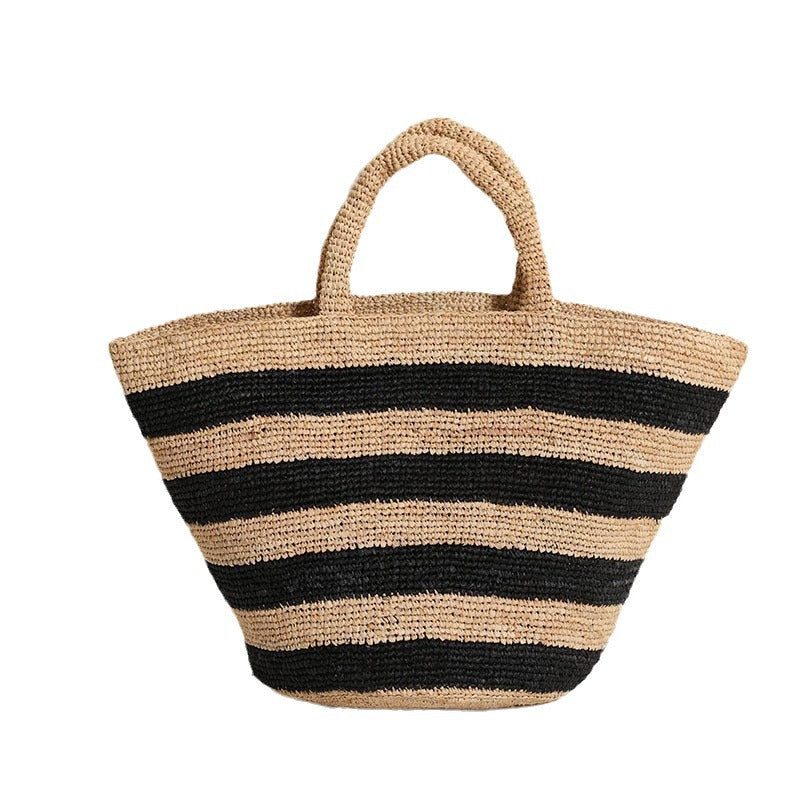 Raffia Large-Capacity Woven Tote Bag  Handcrafted Striped Open-Top Straw Handbag for Daily Use & Travel
