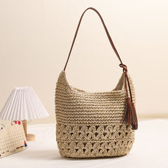 Heart Tassel Woven Straw Shoulder Bag Hollow Out Beach Handbag for Vacation Travel