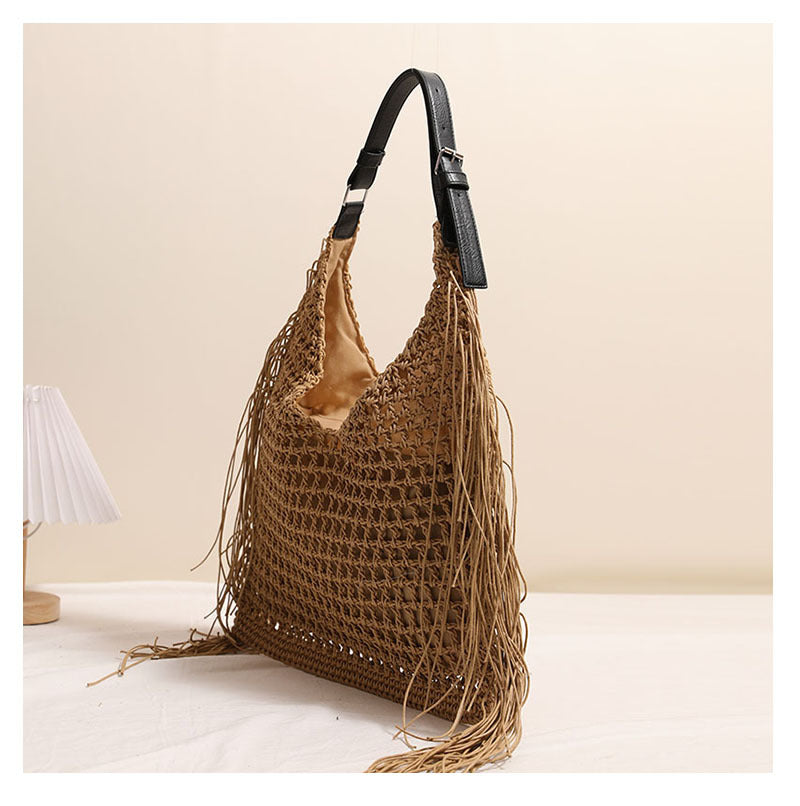 Fashionable Tassel Shoulder Raffia Bag  Large Capacity Hollow Weave Tote for Beach, Vacation & Everyday Use
