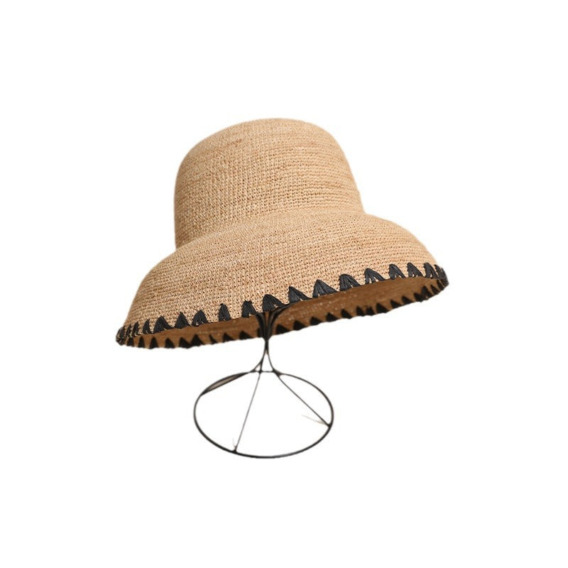 Raffia Straw Wide Brim Sun Hat for Women  Black Trim Beach Holiday Bucket Hat, 5860 cm