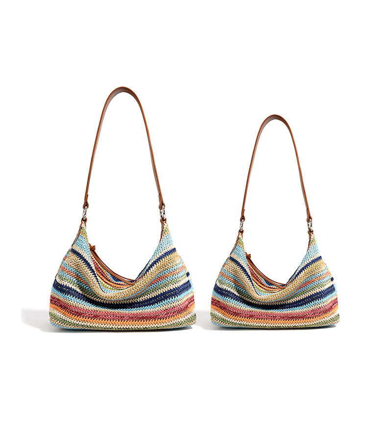 Rainbow Leather & Straw Shoulder Bag  Small and Large Woven Hobo with Zipper, PP Straw and Split Cowhide Crossbody