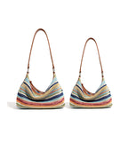 Rainbow Leather & Straw Shoulder Bag  Small and Large Woven Hobo with Zipper, PP Straw and Split Cowhide Crossbody