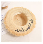Raffia Straw Flat Top Sun Hat with Ribbon  Wide Brim Beach Vacation Hat for Women