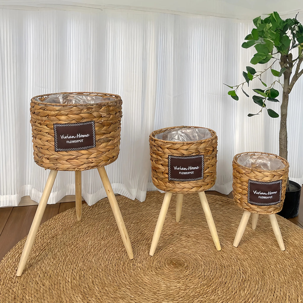 Handwoven Grass Floor Plant Stand Basket with Wooden Legs, Rustic Flower Pot Holder for Living Room & Balcony, 3-Piece Set