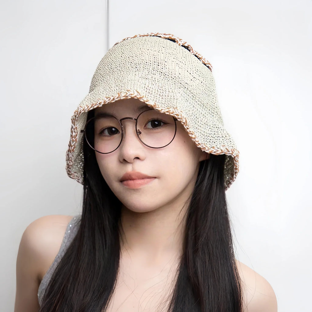 Korean Sweet Short Brim Straw Bucket Hat for Women, Handwoven Plant Fiber Sun Hat 5658cm