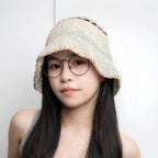 Korean Sweet Short Brim Straw Bucket Hat for Women, Handwoven Plant Fiber Sun Hat 5658cm