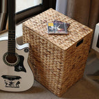 Square Woven Grass Laundry Hamper with Lid  Natural Storage Basket for Clothes, Toys & Household Items