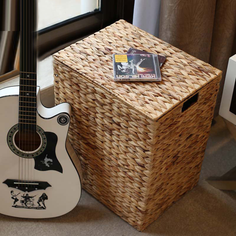 Square Woven Grass Laundry Hamper with Lid  Natural Storage Basket for Clothes, Toys & Household Items