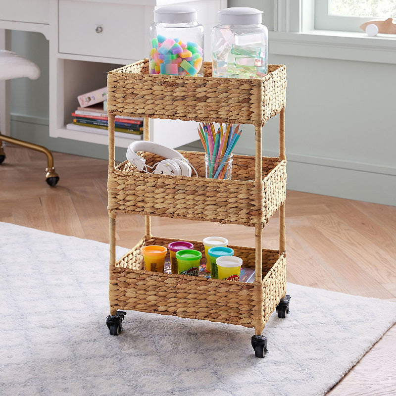 Handwoven Natural Grass Rolling Storage Cart  3-Tier Wicker Organizer with Wheels for Living Room, Bedroom & Home Organization