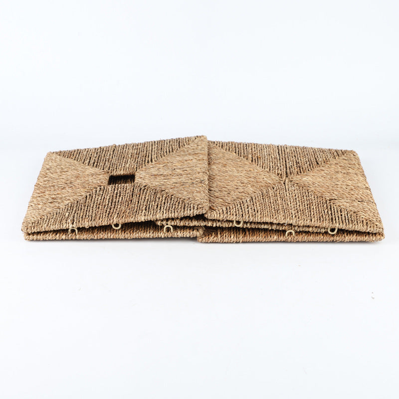 Seagrass Cube Storage Basket with Window Handle  Foldable Handwoven Square Bin for Clothes & Toys, 32cm