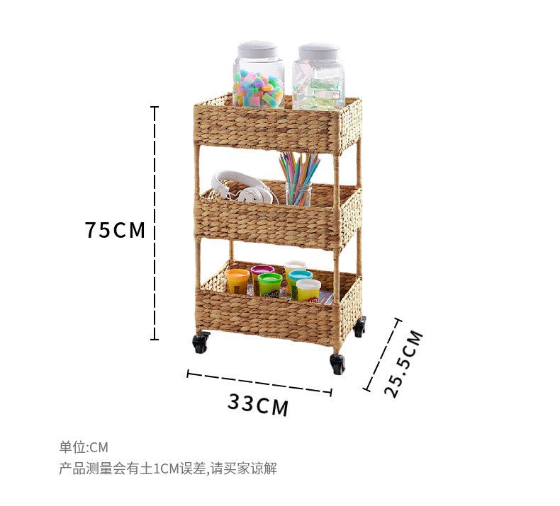 Handwoven Natural Grass Rolling Storage Cart  3-Tier Wicker Organizer with Wheels for Living Room, Bedroom & Home Organization