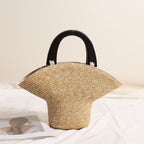 Wood Handle Straw Barrel Bag  Hat-Shape Woven Shoulder Handbag for Vacation Beach & Everyday Outfits