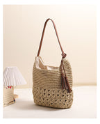 Heart Tassel Woven Straw Shoulder Bag Hollow Out Beach Handbag for Vacation Travel
