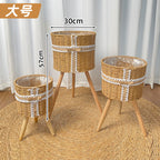 Nordic Woven Plant Stand Set with Wooden Legs  Round Wicker Planter Baskets for Indoor Living Room & Balcony