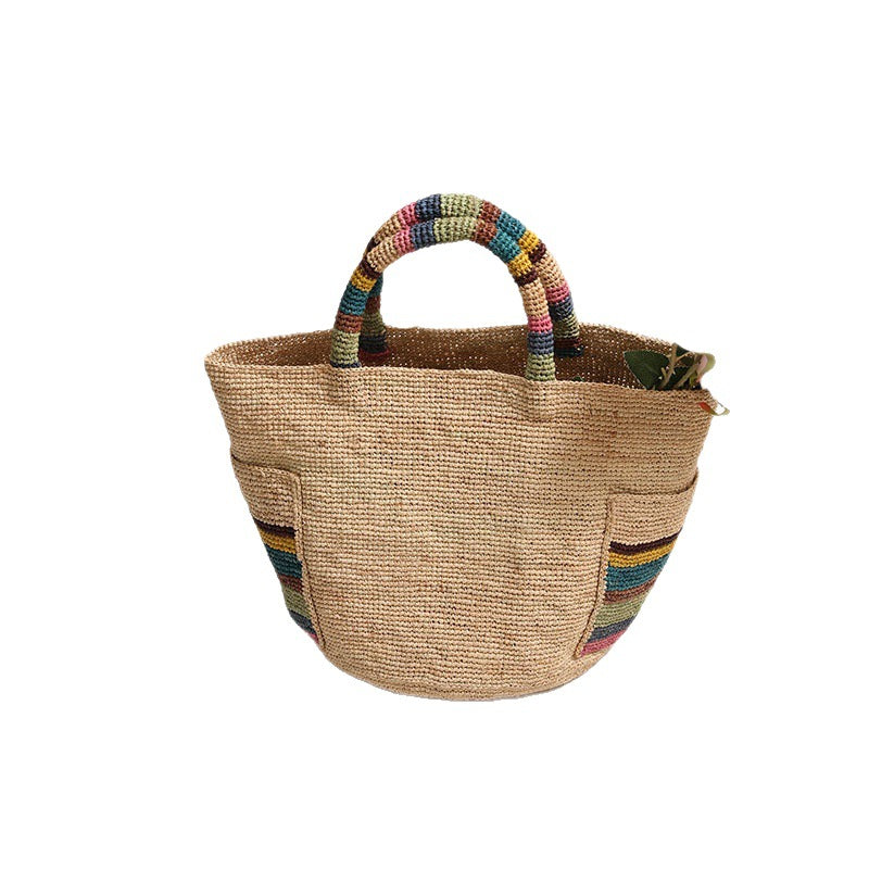 Premium Raffia Handheld Woven Bag  Large Colorful Beach Tote with External Pocket for Spring Vacation & Daily Use