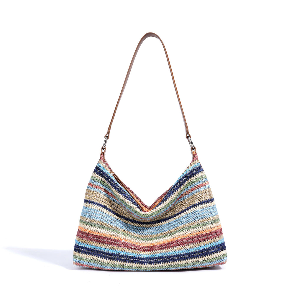 Rainbow Leather & Straw Shoulder Bag  Small and Large Woven Hobo with Zipper, PP Straw and Split Cowhide Crossbody