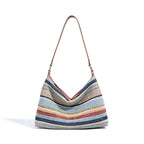 Rainbow Leather & Straw Shoulder Bag  Small and Large Woven Hobo with Zipper, PP Straw and Split Cowhide Crossbody