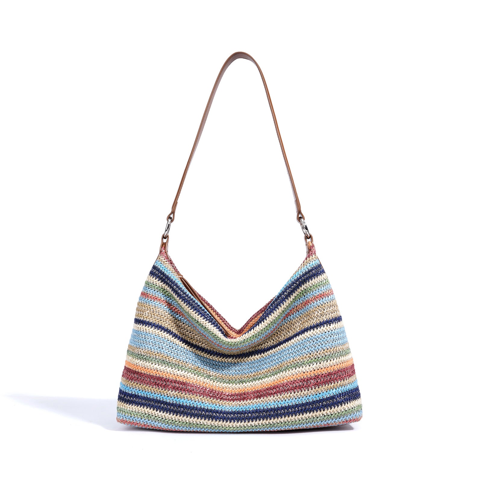 Rainbow Leather & Straw Shoulder Bag  Small and Large Woven Hobo with Zipper, PP Straw and Split Cowhide Crossbody
