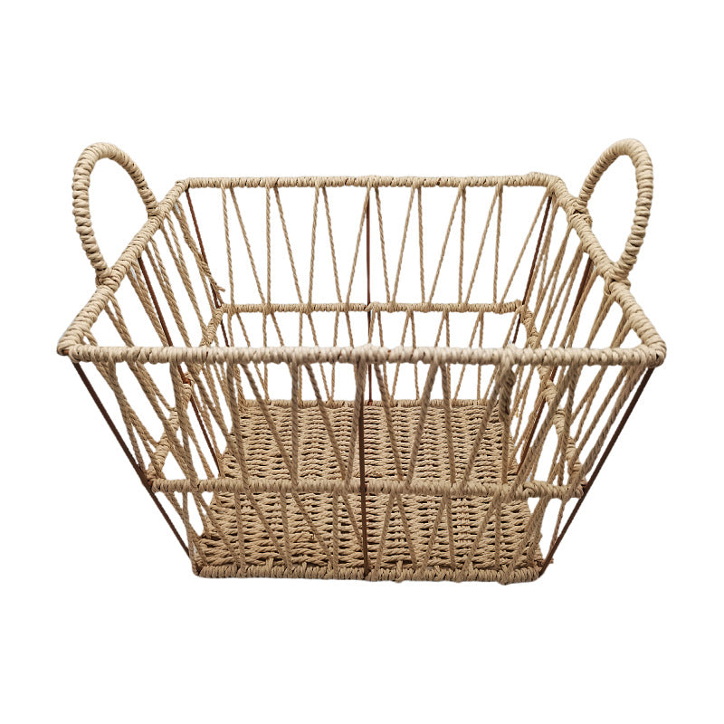 Handwoven Paper Rope Storage Basket with Handles  Breathable Hollow Design Organizer for Towels, Clothes, Toys & Daily Essentials