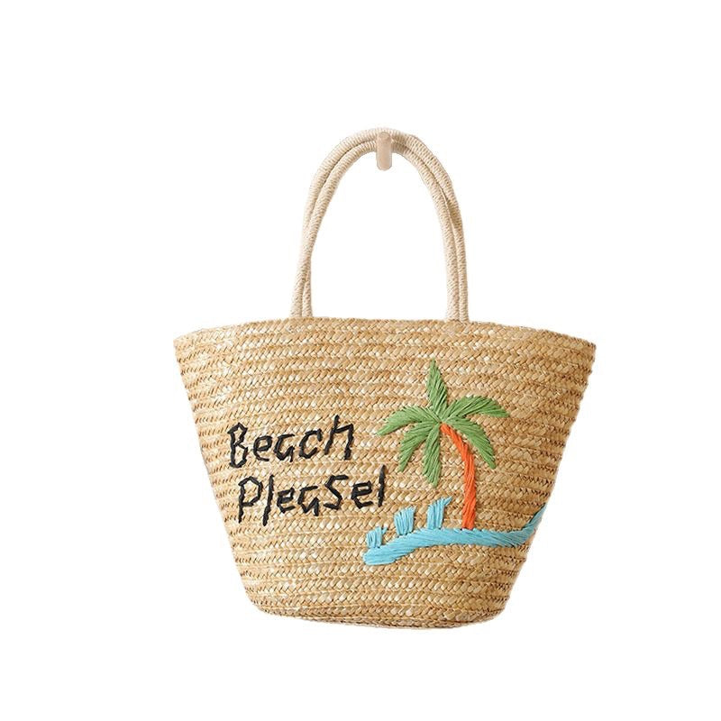 Palm Tree Embroidered Straw Tote Bag, Large Woven Beach Handbag, Summer Top Handle Bag Main image
